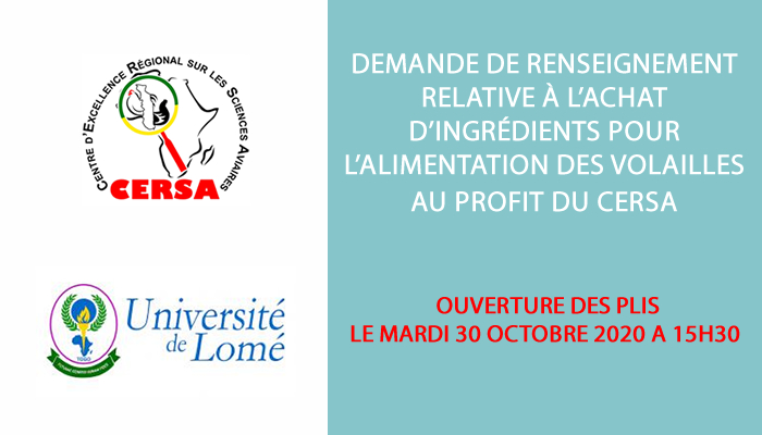 Demande de Renseignement de Prix n° 06/2020/UL/PRMP/CERSA relative à l’Achat d'ingrédients pour l'alimentation des volailles au profit du CERSA